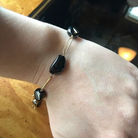 Natural Shungite Sterling Silver Yellow Gold Vermeil Bracelet - Picture 5 of 6